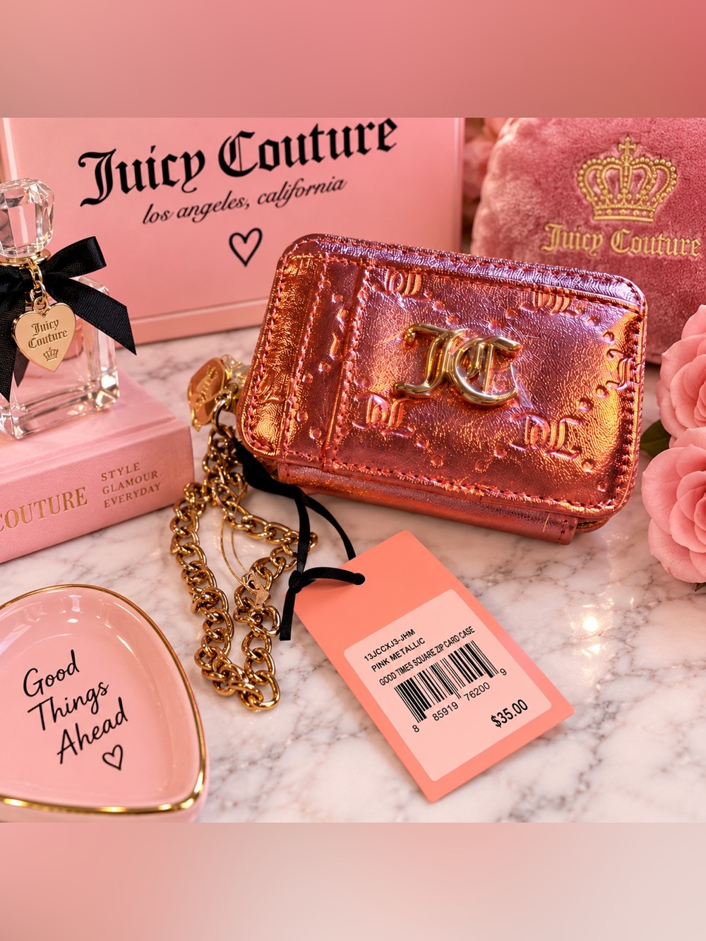 NWT Juicy Couture Good Times Square Zip Card Case Wallet – Pink Metallic ✨